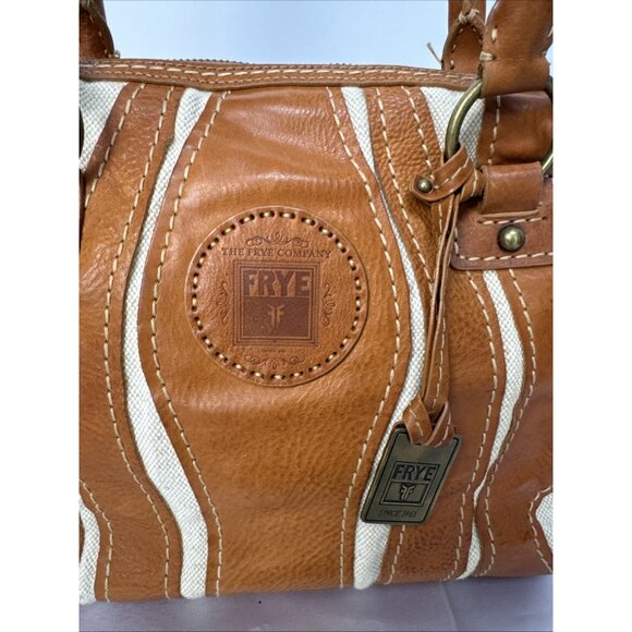 Frye Tan Leather & Canvas Mini Satchel Handbag With Double Handles & Zipper Clos - Picture 2 of 16